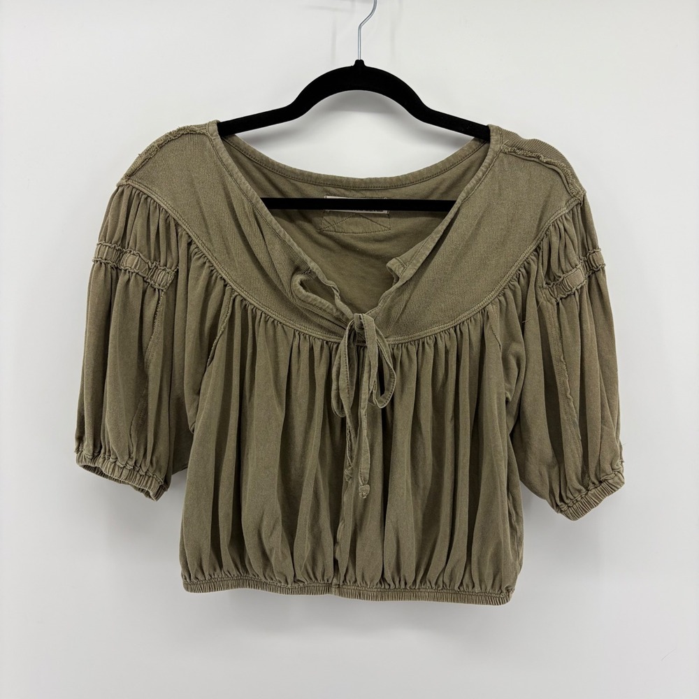 We The Free Olive Green Tie Neck Cropped Puff Sleeve Top Size XS
